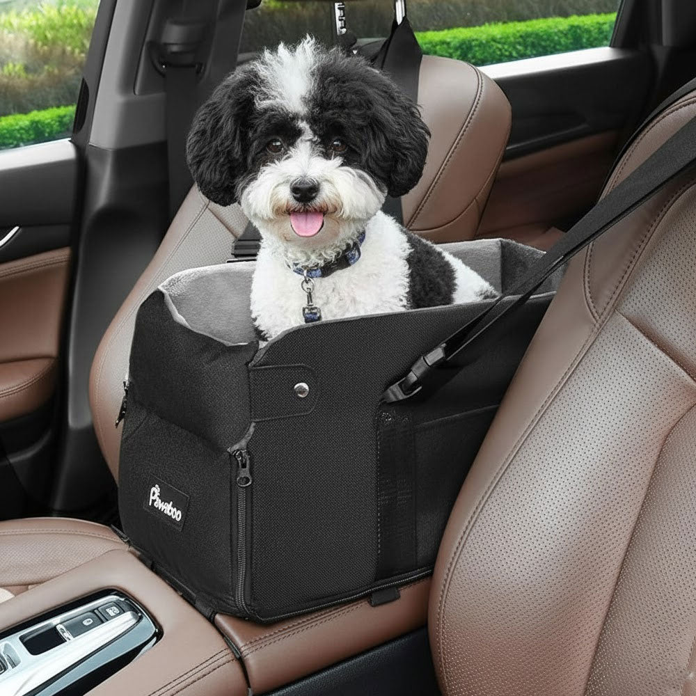 small dark grey dog car seat